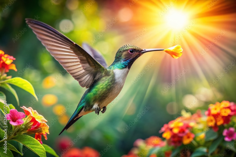 Fototapeta premium Panoramic Hummingbird in Flight, Vibrant Nature Scene, Wildlife Photography