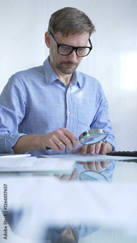 Businessman or accountant, wearing blue casual shirt and glasses, is using magnifying glass and calculator to analyze financial documents in office setting. Audit and taxes in business