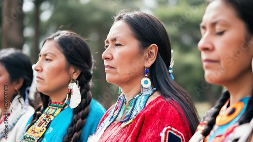Group of beautiful attractive indigenous Native American women looking away