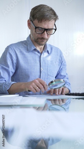 Obraz na płótnie Businessman or accountant, wearing blue casual shirt and glasses, is using magnifying glass and calculator to analyze financial documents in office setting. Audit and taxes in business w salonie