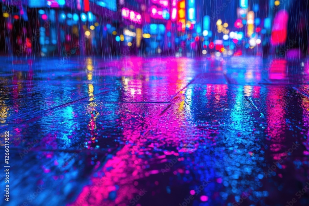 Neon-lit city street reflecting in rain-soaked pavement, vibrant colors. Neon-lit city street reflecting in rain-soaked pavement, vibrant colors.