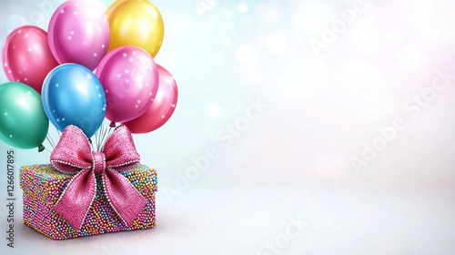 Colorful birthday gift with balloons on a light background