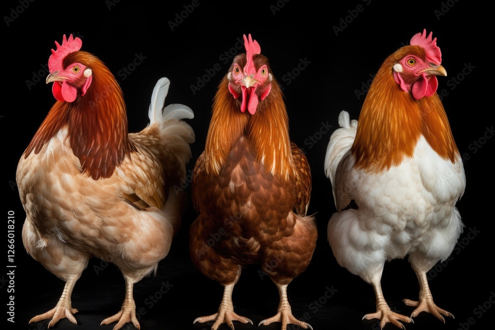 Fototapeta premium Three isolated chickens on black background