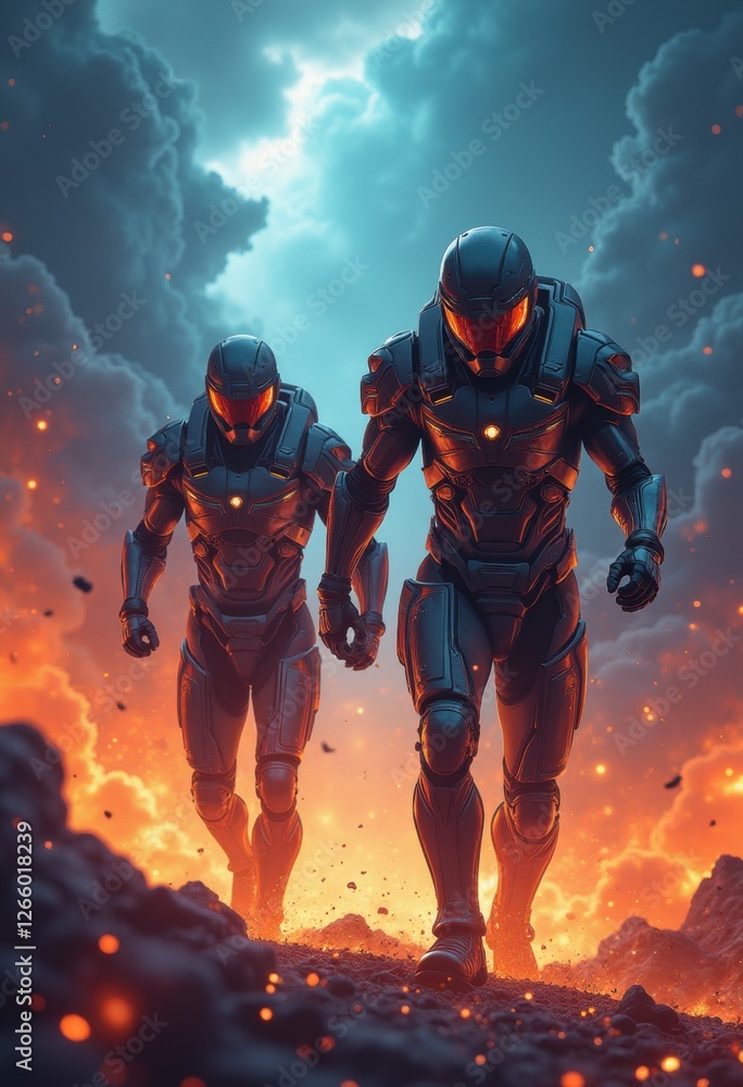 Dynamic sci-fi scene featuring armored soldiers emerging from a volcanic landscape, ready for action. Perfect for technology, gaming, and cinematic themes. Dynamic sci-fi scene featuring armored soldiers emerging from a volcanic landscape, ready for action. Perfect for technology, gaming, and cinematic themes.