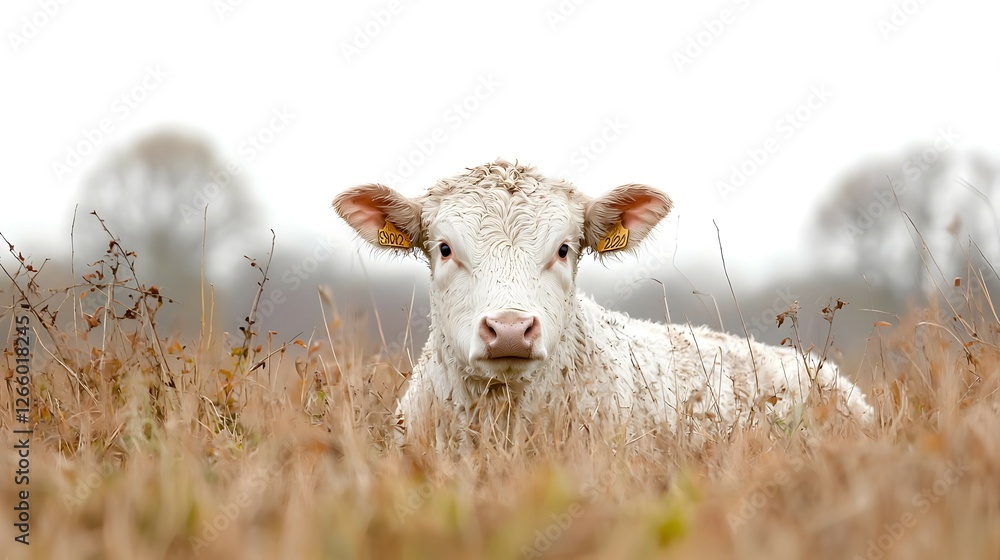 Obraz premium White Calf Resting In Brown Field With Autumn Mist