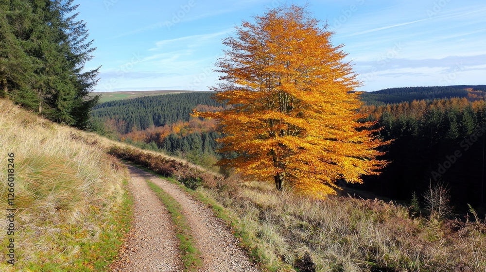 Fototapeta premium Autumnal path through forest hills, bright fall foliage, sunny day