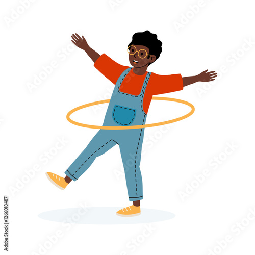 Child enjoys hula hooping outdoors while wearing colorful clothing and smiling happily