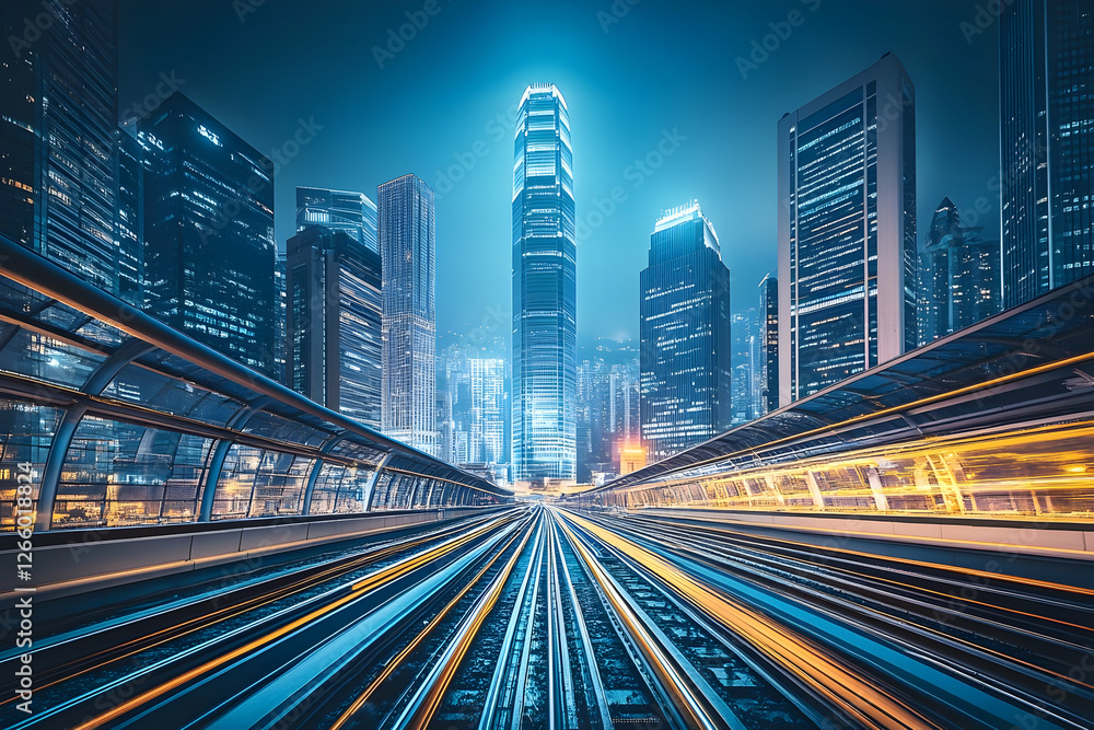 Fototapeta premium Hong Kong Night Cityscapes, Futuristic Train Tracks, Urban Skyline, Night Time. Possible Use Stock Photo