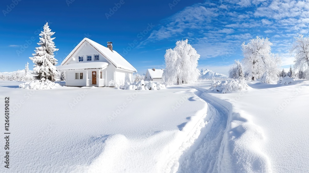 Snowy winter landscape, white house, cross-country skiing path Snowy winter landscape, white house, cross-country skiing path