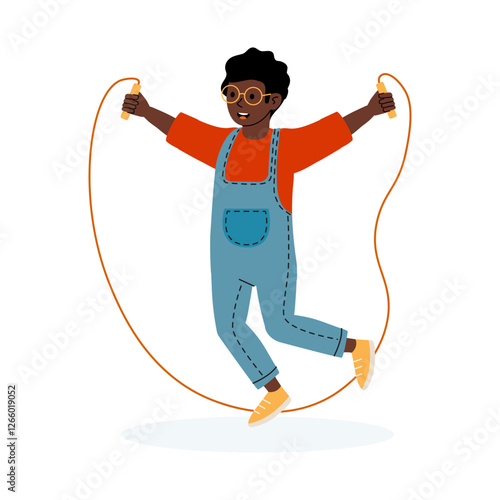 Child joyfully skipping rope in a vibrant outfit during a sunny day outdoors