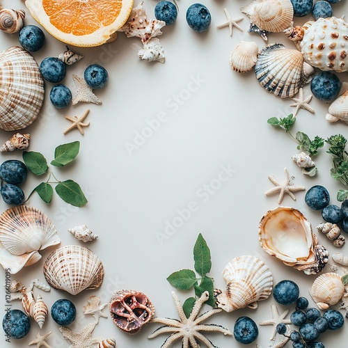 Creative shell and fruit arrangement coastal setting flat lay photography natural environment top view artistic concept
