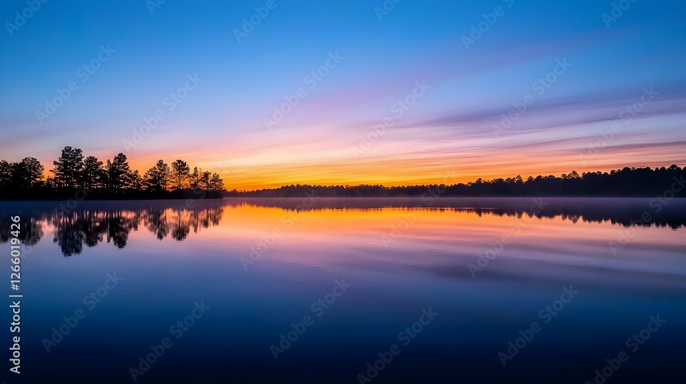 Obraz premium Vibrant Sunrise Over Calm Lake With Tree Reflections