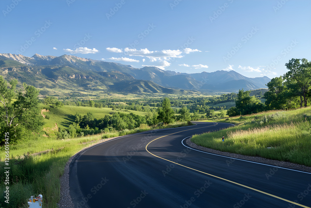 Fototapeta premium Serene Winding Road Through Lush Landscapes Leading to Majestic Mountain Range Under Clear Blue Sky