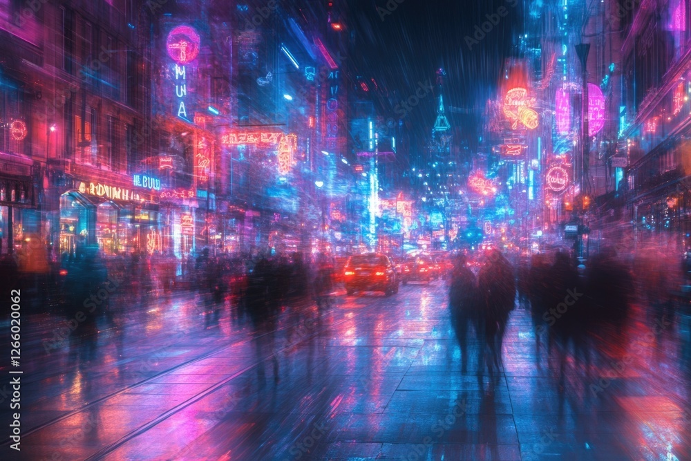 A vibrant, rain-slicked cyberpunk city street at night, bustling with blurred figures and neon lights. A vibrant, rain-slicked cyberpunk city street at night, bustling with blurred figures and neon lights.