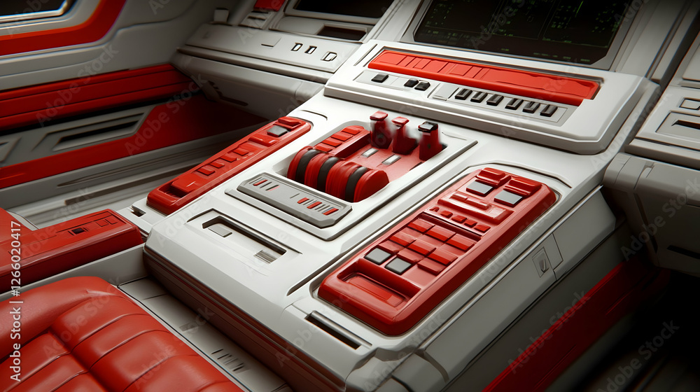 Fototapeta premium Retro spaceship control panel, red accents, futuristic interior