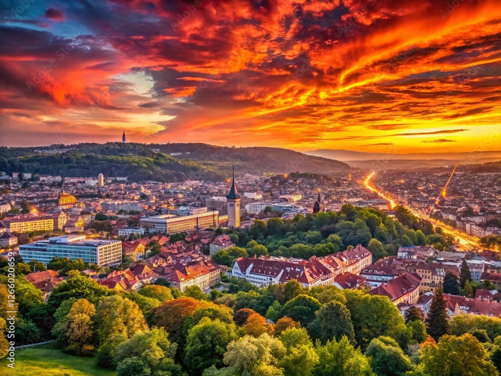 Obraz premium Panoramic Stuttgart Skyline at Sunset, Dramatic Red Hues