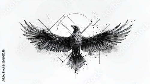 Majestic raven in flight artistic illustration abstract design monochrome background dynamic perspective photo
