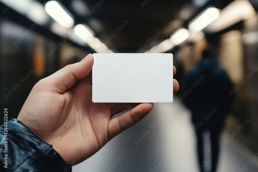 Hand Holding Blank Card in Underground Station with Person Walking Away