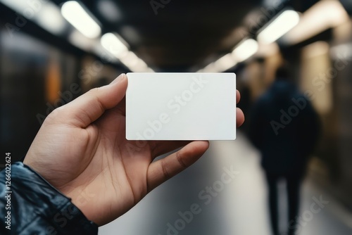 Obraz na płótnie Hand Holding Blank Card in Underground Station with Person Walking Away w salonie