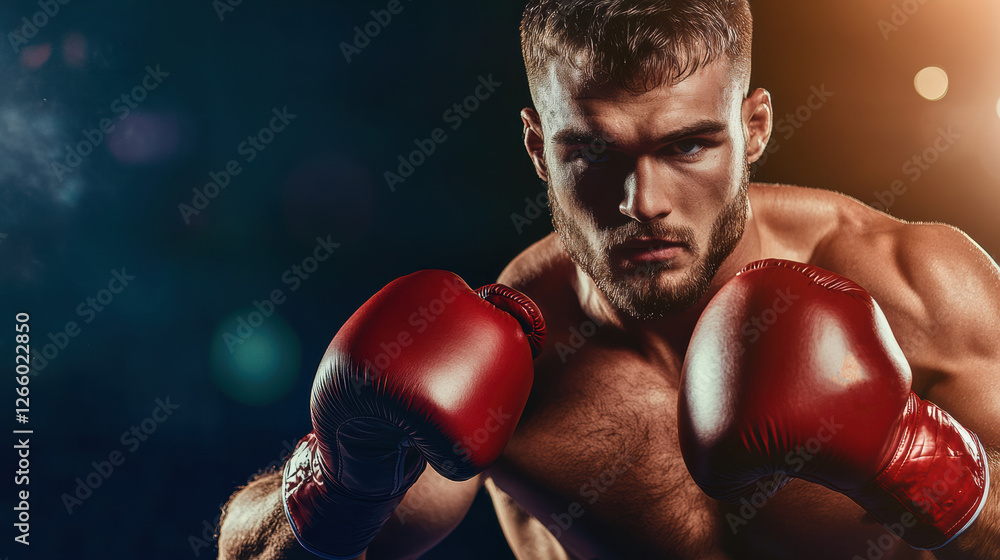 Boxer preparing for a match in a dimly lit gym setting Boxer preparing for a match in a dimly lit gym setting