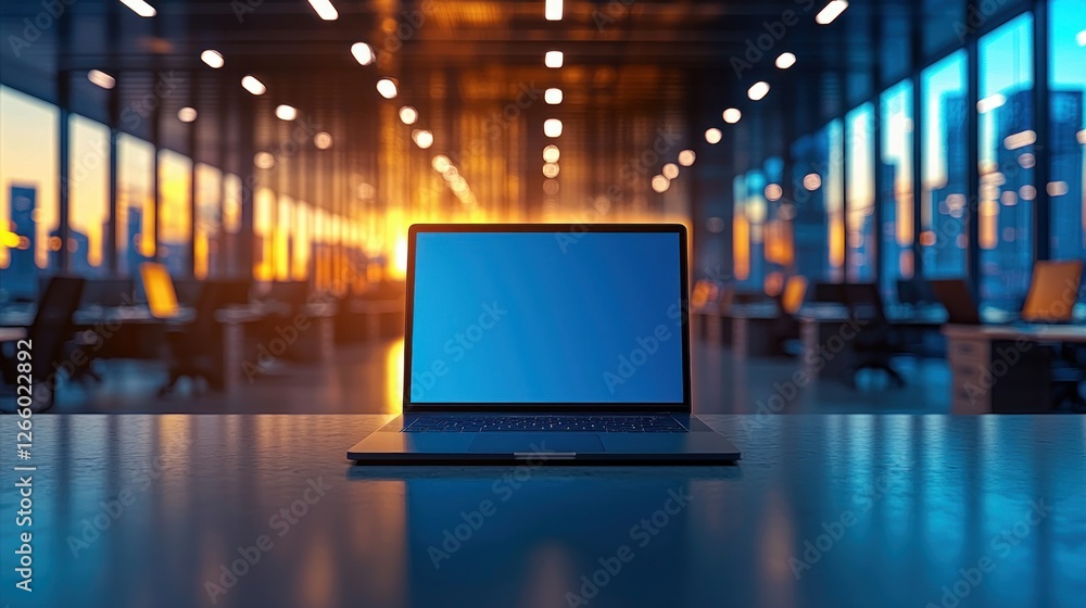 Laptop on a desk in an office with city view background for presentation use Laptop on a desk in an office with city view background for presentation use