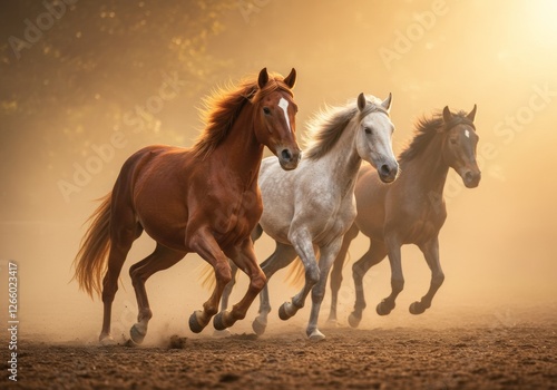 Photo of three horses galloping together, with the chestnut horse in the foreground, white horse in the middle, and dark gray horse in the background