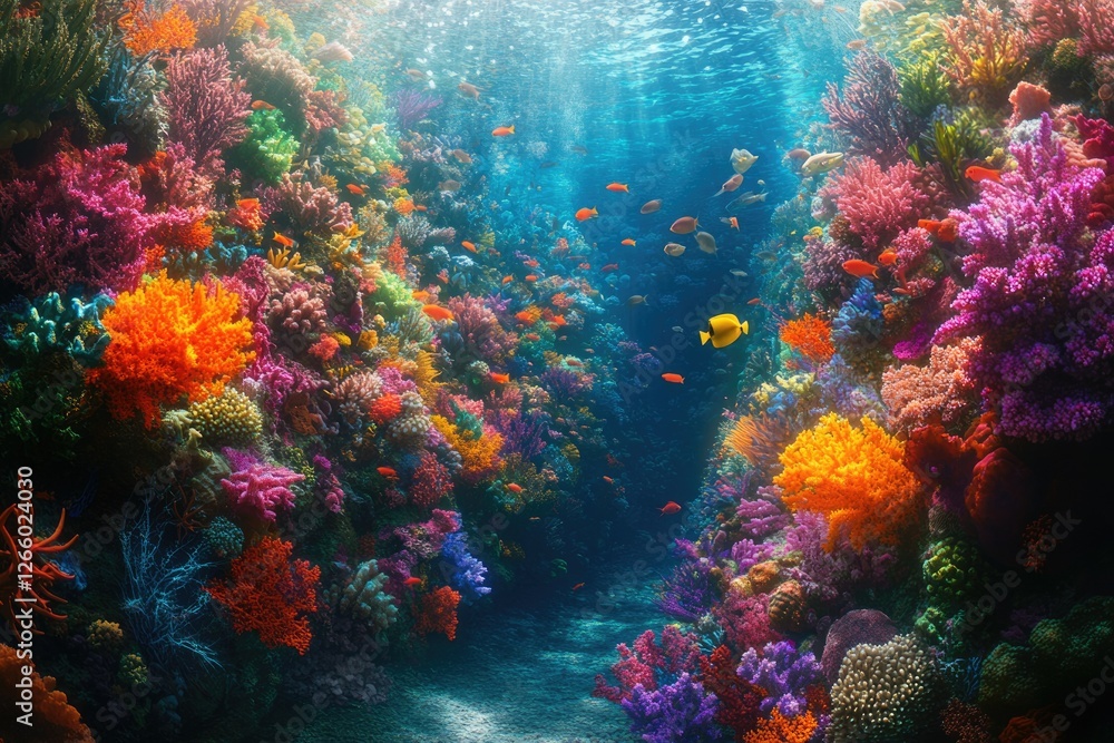 Vibrant coral reef teeming with diverse fish and colorful coral formations in a sunlit underwater scene. Vibrant coral reef teeming with diverse fish and colorful coral formations in a sunlit underwater scene.