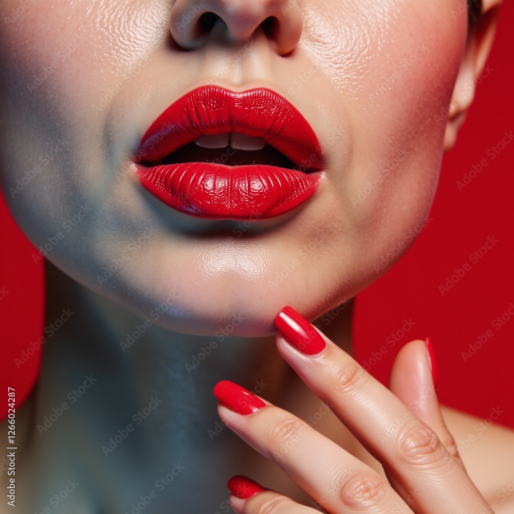 Naklejka premium Vibrant red lipstick showcased against a bold background with matching nails