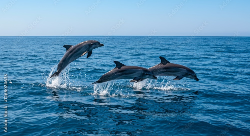 Fototapeta premium Photograph of three dolphins jumping out of the water in a blue ocean with white waves, clear sky, and bright sunlight.