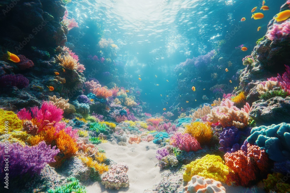 Fototapeta premium Vibrant coral reef teeming with colorful fish and diverse marine life under the sunlit ocean.