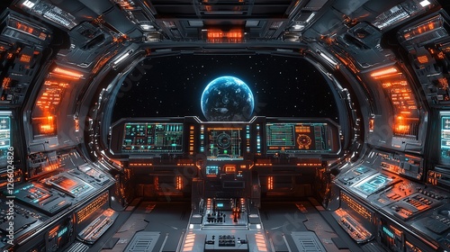 Spaceship control room observing earth sci-fi scene digital art outer space futuristic technology