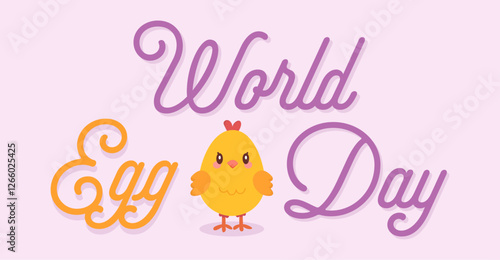 World egg day. Cute chick celebrating, with text. Light purple background. Vector illustration.