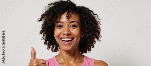 A joyful Black woman smiles confidently with a thumbs-up gesture photo