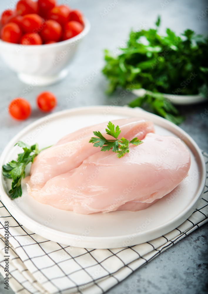 Raw chicken breast for cooking is on a plate with herbs and vegetables Raw chicken breast for cooking is on a plate with herbs and vegetables