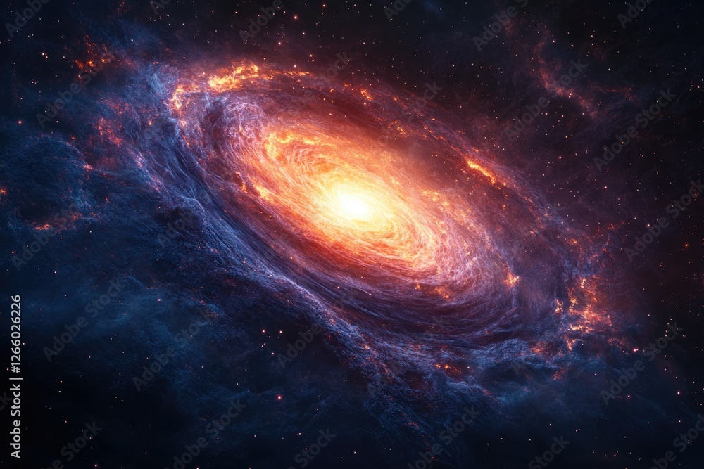Obraz premium A vibrant spiral galaxy with fiery orange and blue hues, showcasing cosmic beauty and celestial wonders.