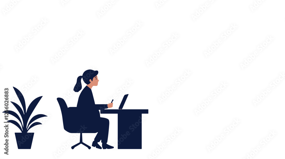 Illustration of a woman sitting at a desk working on a laptop with a plant beside her copy space Illustration of a woman sitting at a desk working on a laptop with a plant beside her copy space