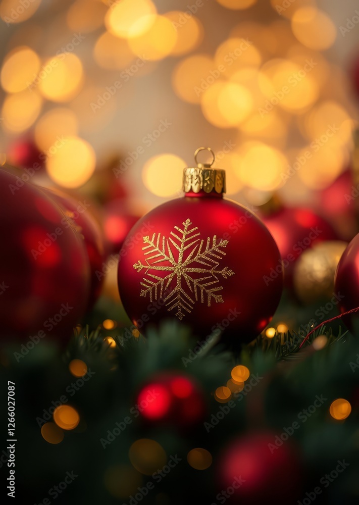 A single red christmas ornament with a golden snowflake design sits in the center of the frame surrounded by out of focus golden lights and other red and gold ornaments bokeh red bokeh abstract backgr A single red christmas ornament with a golden snowflake design sits in the center of the frame surrounded by out of focus golden lights and other red and gold ornaments bokeh red bokeh abstract backgr