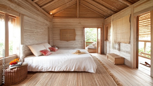 A beach-inspired minimalist bedroom with natural textures, soft colors, and open space.