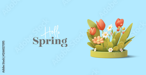 Spring bright flowers on a green podium, 3D. Hello, spring. Holiday greeting. Floral decor, green plants. Blue banner. Vector