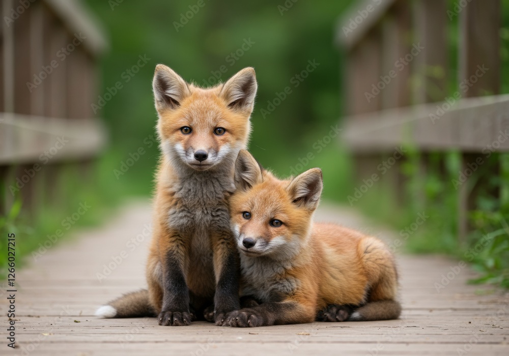 Naklejka premium Two young fox kits sitting on a wooden path, one sitting up with a curious expression and the other lying down with its head resting on the first kit's back.