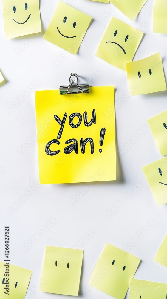 Motivational Sticky Note with Positive Emoticons and Uplifting Message Motivational Sticky Note with Positive Emoticons and Uplifting Message