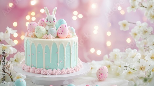 Delicious Easter cake decorated with pastel eggs and a bunny atop a spring-themed display photo