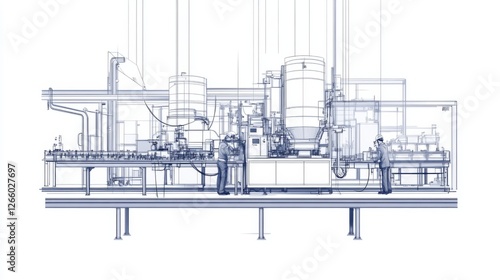Wallpaper Mural Industrial plant blueprint, workers, machinery, production line, white background, engineering design Torontodigital.ca