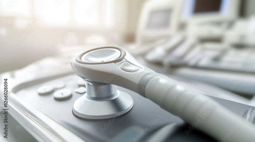 A close-up of an ultrasound transducer with gel applied, resting on a medical tray. A close-up of an ultrasound transducer with gel applied, resting on a medical tray.