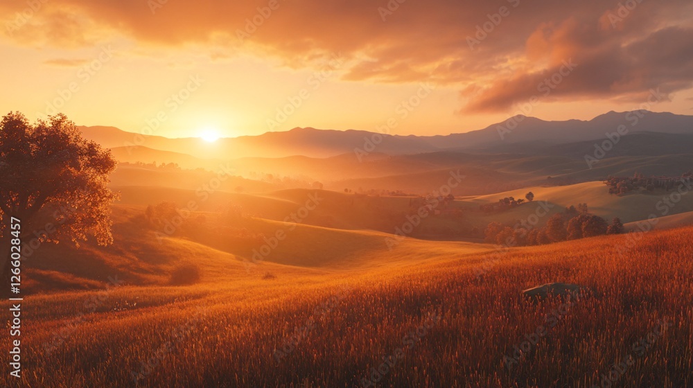 Early Morning Sunrise in Rural Field Near San Quirico, Tuscany, Italy Early Morning Sunrise in Rural Field Near San Quirico, Tuscany, Italy