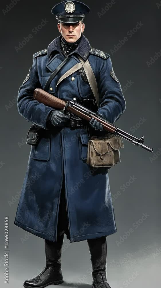 Historical soldier in winter uniform standing with a rifle, showcasing military attire and equipment from a past era Historical soldier in winter uniform standing with a rifle, showcasing military attire and equipment from a past era