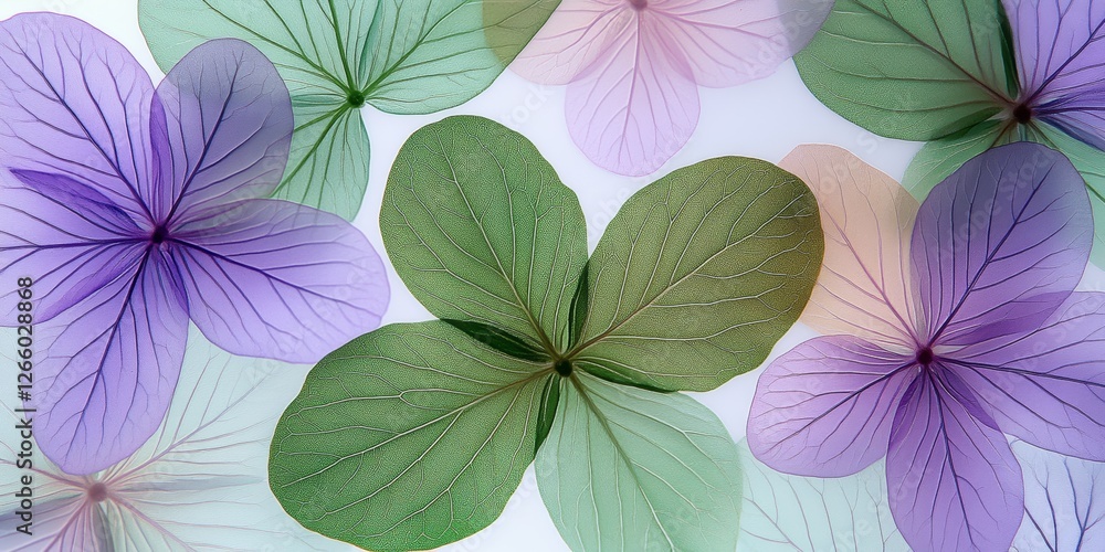 Obraz premium An abstract background featuring delicate, translucent leaves in shades of purple and green, arranged with ample copy space
