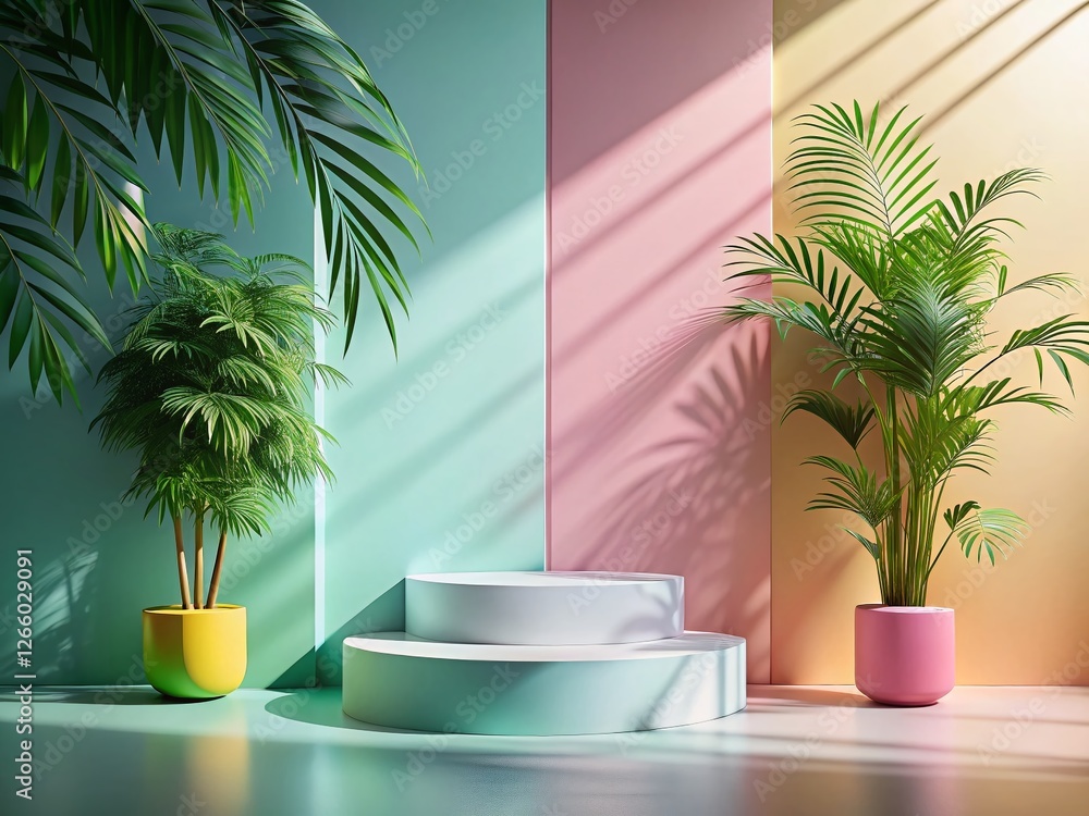 Obraz premium Pastel Minimalist Product Photography Backdrop: Soft Light, Plant Shadows & Copy Space