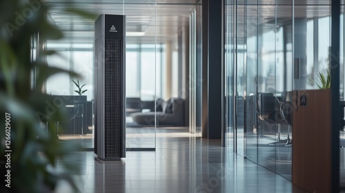 A commercial-grade air purifier in an office space.