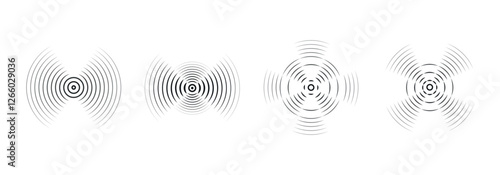 Set of vector rings with sound waves, broken lines and dots. Black rings with radial lines. Target icon, epicenter.  Concentric vortex circles.